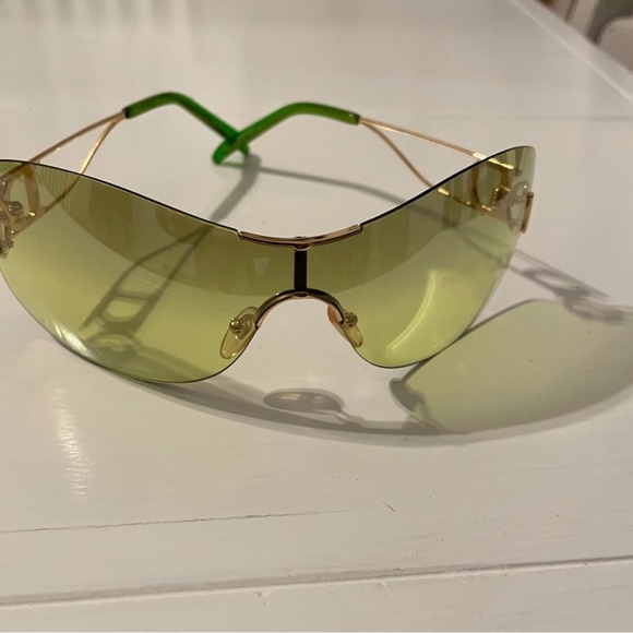 Auth RARE DIOR Vintage Green Sunglasses Y2K Sheer shield Rimless Gold D detail - Picture 1 of 2